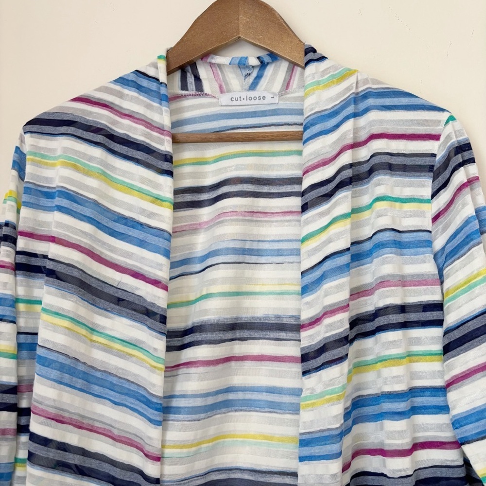 Cut Loose Striped Open Front Cardigan Layering Top Large Coastal Grandma - Picture 2 of 6